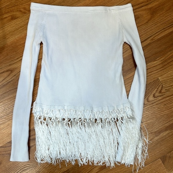Line & Dot Fringe Hem Boho festival top White Shirt Small bohemian women’s small - Picture 1 of 9